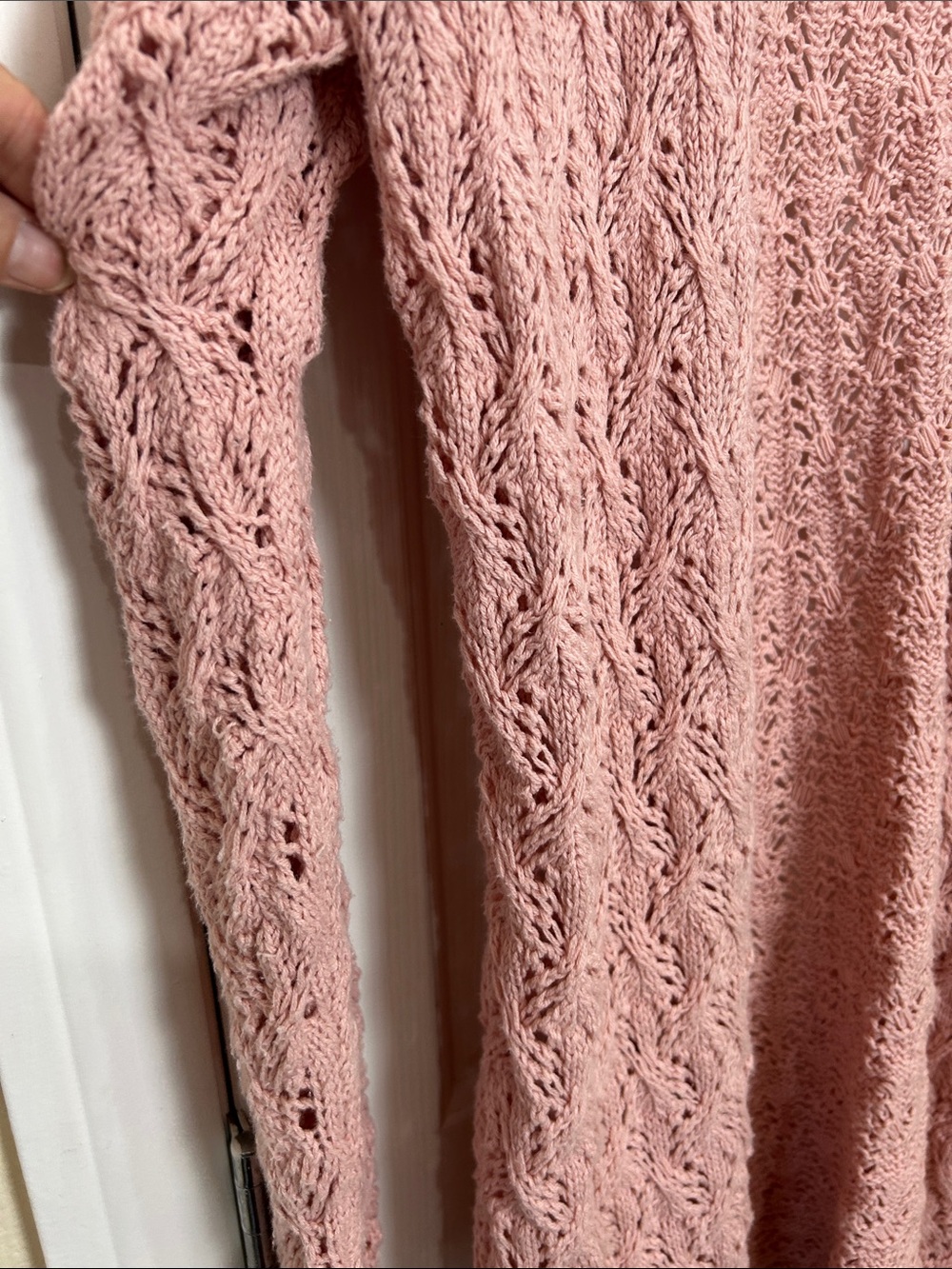 Leo & Nicole Dusty Pink Open-Front Lace Knit Cotton Blend Cardigan - Picture 5 of 10